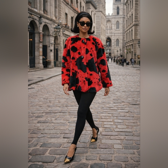 le chateau Jackets & Blazers - LUXE Y2K Le Chateau Red Black Faux Fur Printed Statement Coat S
